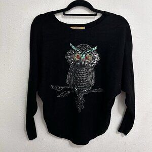 Vinizbena Women's Black Beaded Studded Owl Sweater Size L / XL Artsy, Eclectic
